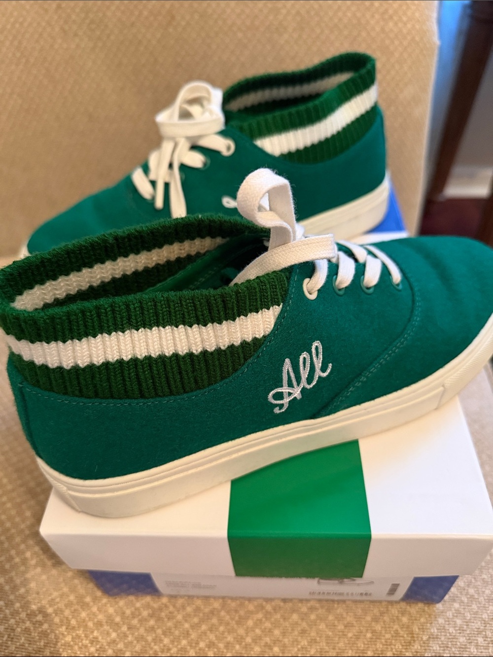 Tory Burch Green Knit-Collar Kids Sneakers with White Accents